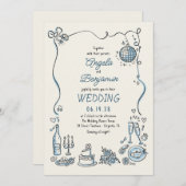 Hand Drawn Illustrations Whimsical Retro Wedding 招待状 (正面/裏面)