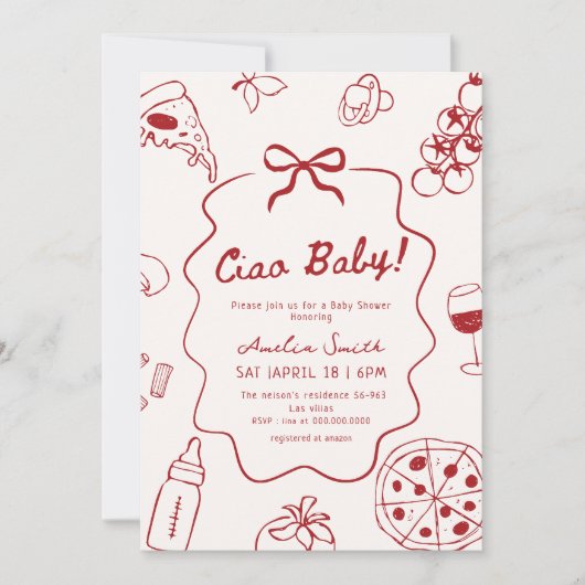 Hand Drawn Italian Ciao Baby Shower 招待状 (正面)