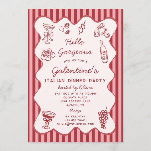 Hand Drawn Italian Pasta Dinner Galentines Party 招待状 (正面)