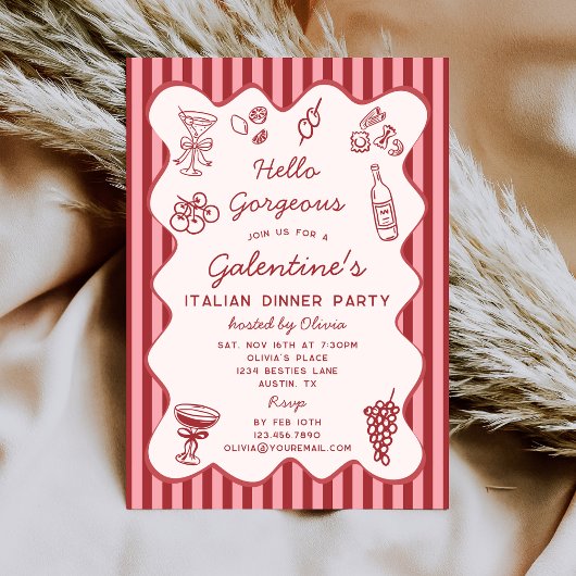 Hand Drawn Italian Pasta Dinner Galentines Party 招待状