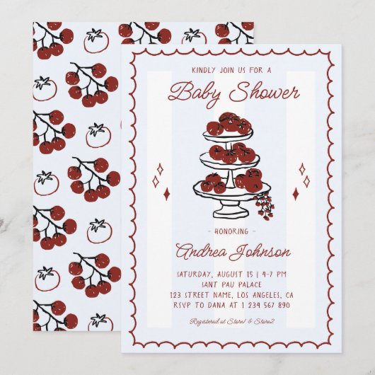 Hand Drawn Italian Stripes & Tomatoes Baby Shower 招待状 (正面/裏面)