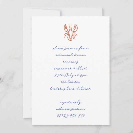 Hand Drawn Lobster Wedding Rehearsal Dinner 招待状 (正面)