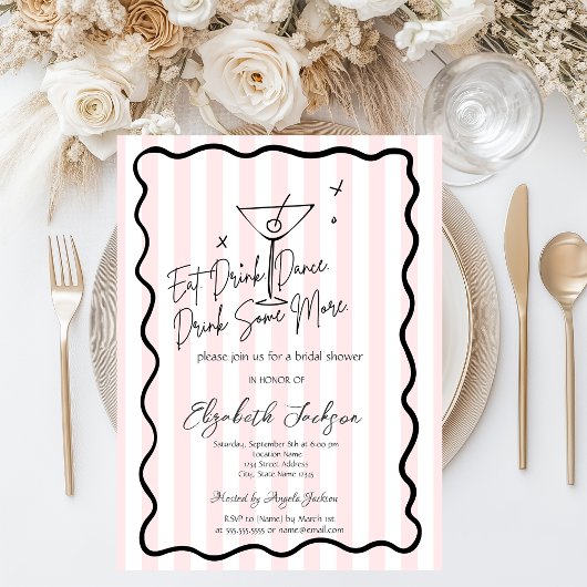  Hand-Drawn Martini Pink Stripes Bridal Shower 招待状