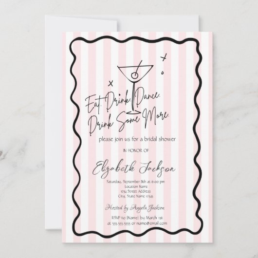  Hand-Drawn Martini Pink Stripes Bridal Shower 招待状 (正面)