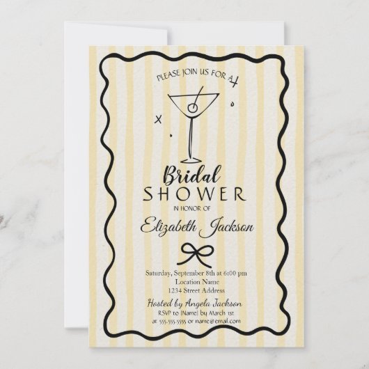 Hand-Drawn Martini Yellow Striped Bridal Shower  招待状 (正面)