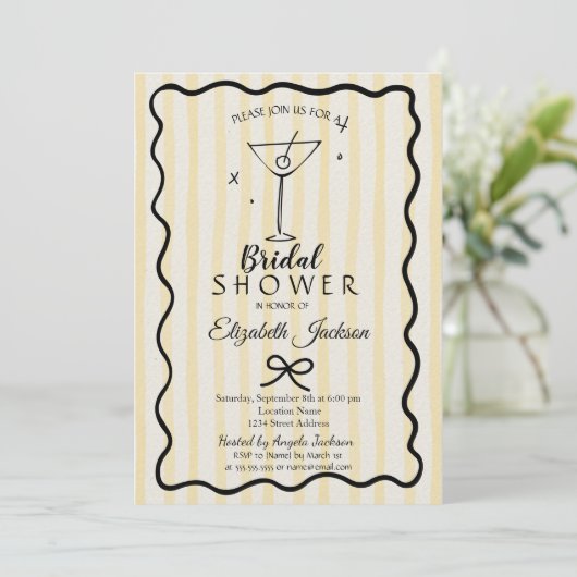 Hand-Drawn Martini Yellow Striped Bridal Shower  招待状 (スタンド正面)