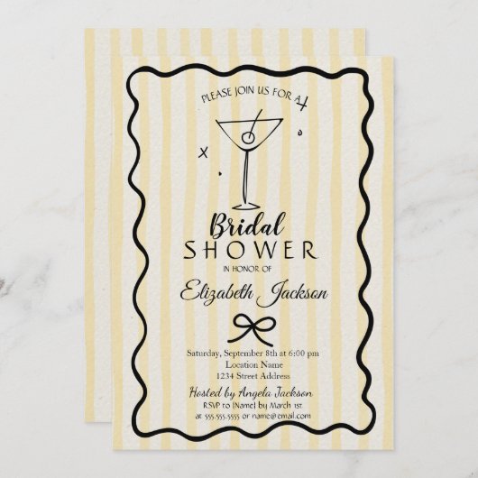 Hand-Drawn Martini Yellow Striped Bridal Shower  招待状 (正面/裏面)