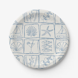 Hand-Drawn Mediterranean Coastal Tile Linen Cobalt ペーパープレート