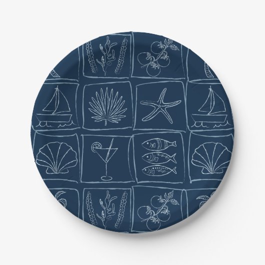 Hand-Drawn Mediterranean Coastal Tile Navy ペーパープレート (正面)