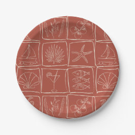 Hand-Drawn Mediterranean Coastal Tile Terracotta ペーパープレート