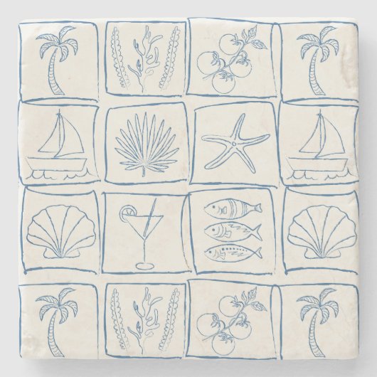 Hand-Drawn Mediterranean Faux Tile Linen Cobalt ストーンコースター (正面)