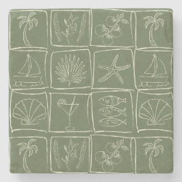 Hand-Drawn Mediterranean Faux Tile Olive Grove ストーンコースター