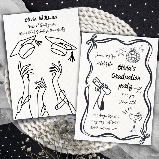 Hand Drawn Minimalist Black White Graduation Party 招待状