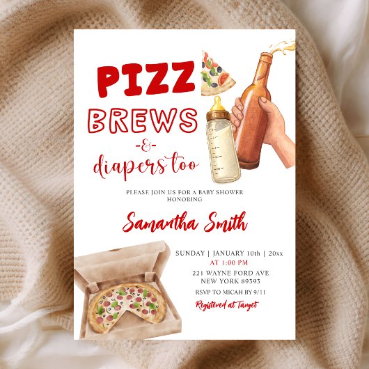 Hand Drawn Minimalist Pizza Brews and Diapers 招待状