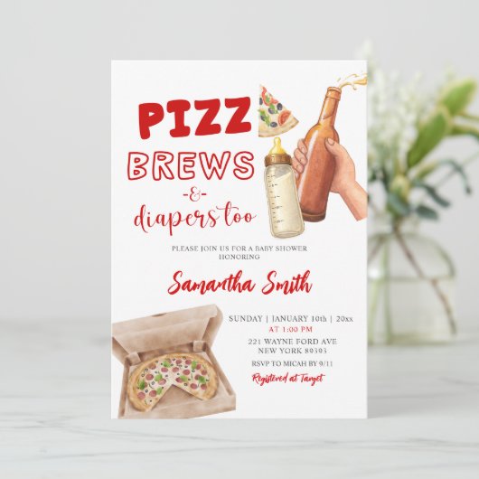 Hand Drawn Minimalist Pizza Brews and Diapers 招待状 (スタンド正面)