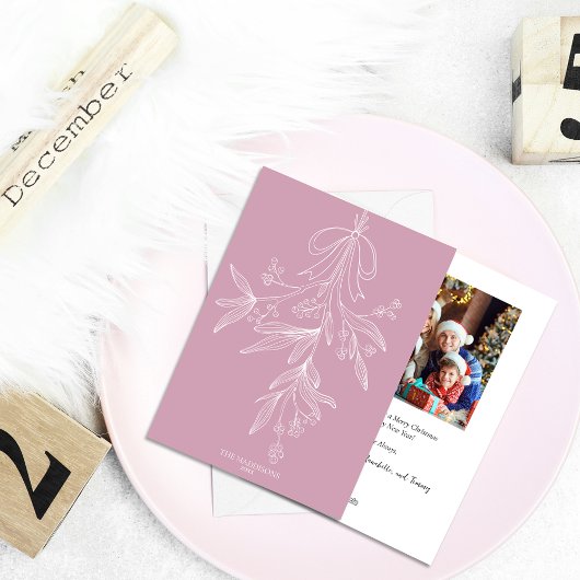 Hand Drawn Mistletoe & Bow Christmas Pink シーズンカード