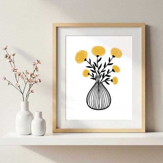 Hand-Drawn Mixed Media Art Mustard Yellow Florals ポスター