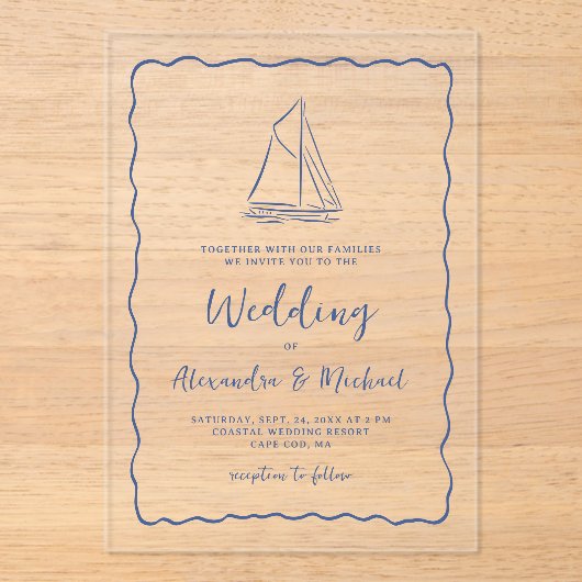 Hand Drawn Nautical Sailboat Navy Blue Wedding アクリル招待状 (正面)