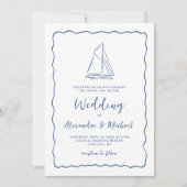 Hand Drawn Nautical Sailboat Navy Blue Wedding 招待状 (正面)