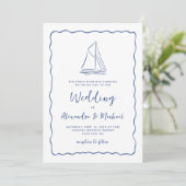 Hand Drawn Nautical Sailboat Navy Blue Wedding 招待状 (スタンド正面)