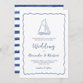Hand Drawn Nautical Sailboat Navy Blue Wedding 招待状 (正面/裏面)