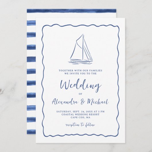 Hand Drawn Nautical Sailboat Navy Blue Wedding 招待状 (正面/裏面)