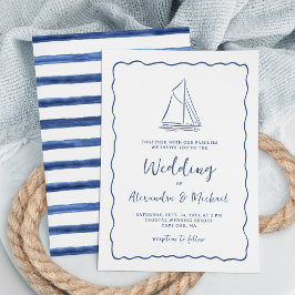 Hand Drawn Nautical Sailboat Navy Blue Wedding 招待状