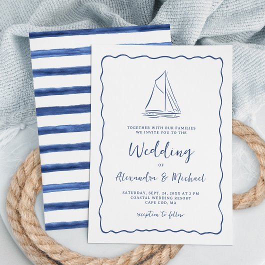 Hand Drawn Nautical Sailboat Navy Blue Wedding 招待状
