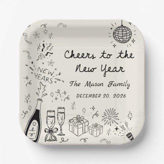 Hand Drawn New Year's Eve Party Paper Plates  ペーパープレート (正面)