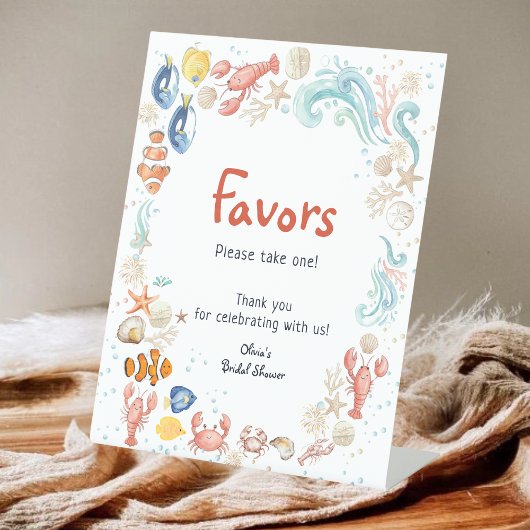 Hand-drawn ocean She Is Catch Bridal Shower Favor 台座サイン