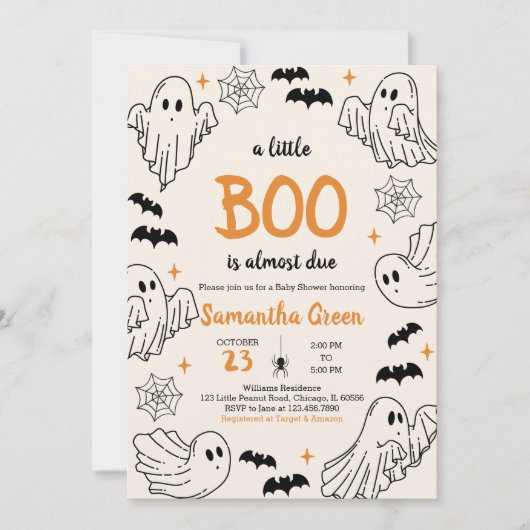 Hand-drawn Orange A Little Boo Baby Shower 招待状 (正面)