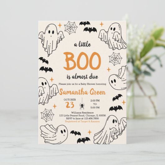 Hand-drawn Orange A Little Boo Baby Shower 招待状 (スタンド正面)