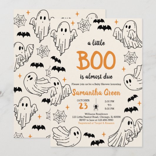 Hand-drawn Orange A Little Boo Baby Shower 招待状 (正面/裏面)