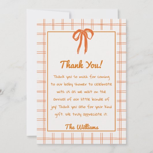 Hand Drawn Orange Gingham Bow Neutral Baby Shower  サンキューカード (正面)