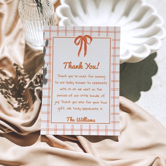 Hand Drawn Orange Gingham Bow Neutral Baby Shower サンキューカード