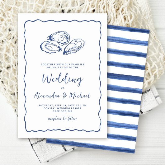 Hand Drawn Oysters Coastal Navy Blue Wedding 招待状