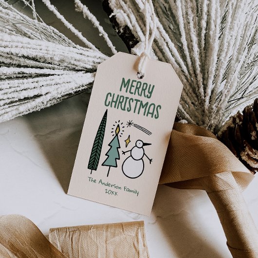 Hand Drawn Painted Green Christmas Trees Snowman ギフトタグ