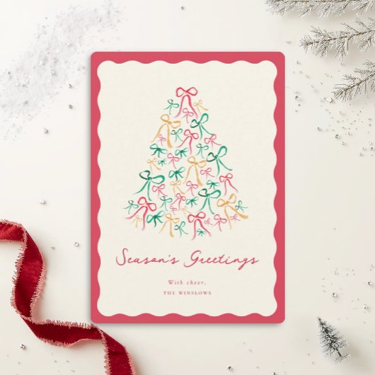 Hand Drawn Painted Ribbon Bow Tree Holiday Card シーズンカード