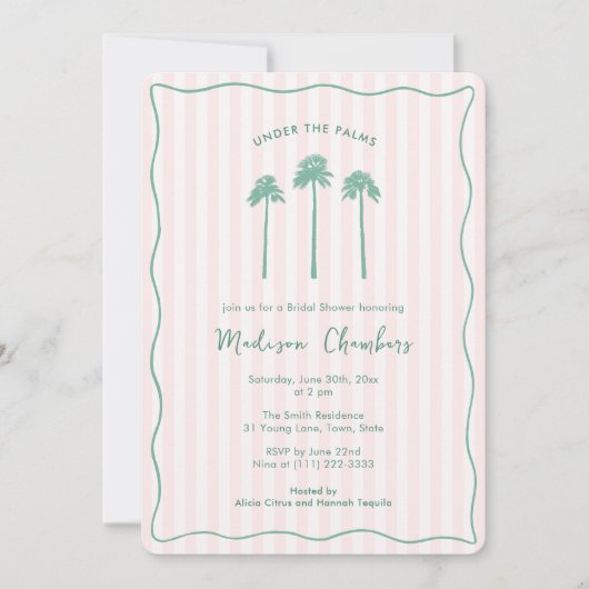 Hand-Drawn Palm Springs Pink Green Bridal Shower 招待状 (正面)