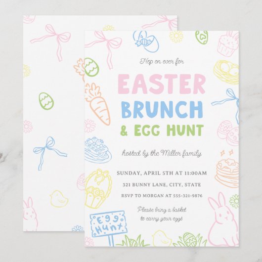 Hand Drawn Pastel Easter Brunch & Egg Hunt Invites (正面/裏面)