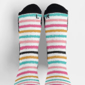 Hand-Drawn Peach Pink Teal Stripe Socks ソックス (上部)