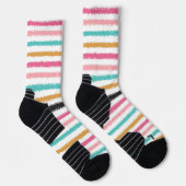 Hand-Drawn Peach Pink Teal Stripe Socks ソックス (右)