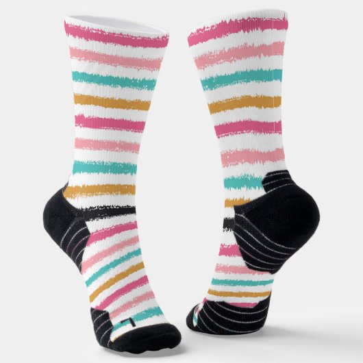 Hand-Drawn Peach Pink Teal Stripe Socks ソックス (傾斜あり)