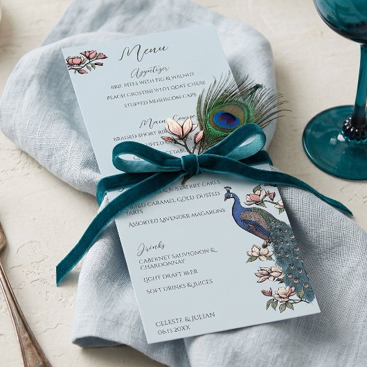 Hand-Drawn Peacock Chinoiserie Wedding Menu メニュー