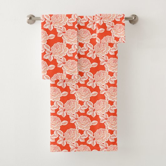 Hand Drawn Peony Floral Coral Red Towel Set バスタオルセット (インサイチュ)