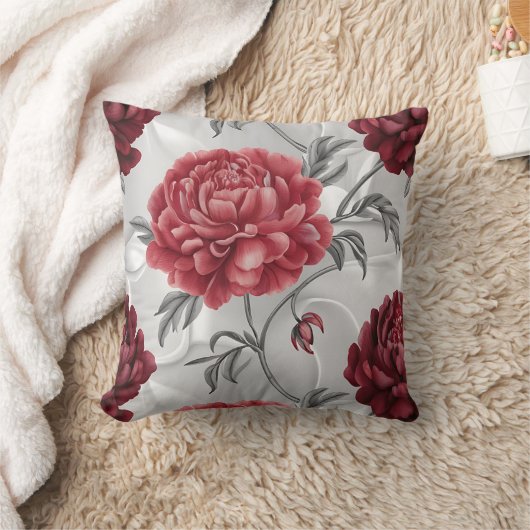 Hand-Drawn Peony Throw Pillow Cover Elegant Crimso クッション (ブランケット)
