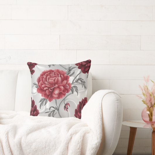 Hand-Drawn Peony Throw Pillow Cover Elegant Crimso クッション (ソファ)