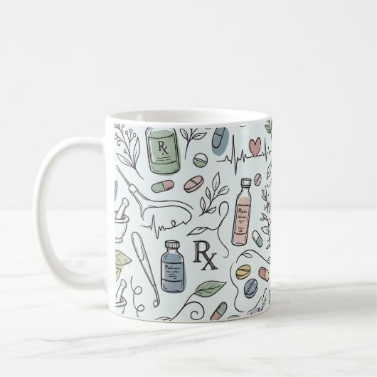 Hand-Drawn Pharmacy Doodle Mug | Modern Wellness P コーヒーマグカップ (左)