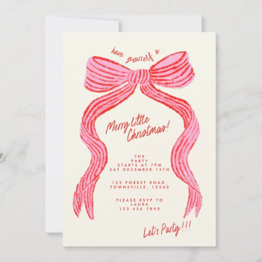 Hand Drawn Pink and Red Bow Christmas Party 招待状 (正面)