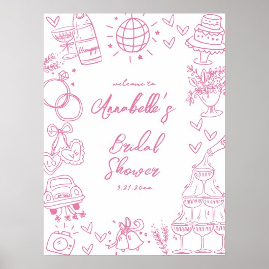 Hand Drawn Pink Bridal Shower Welcome Sign ポスター (正面)